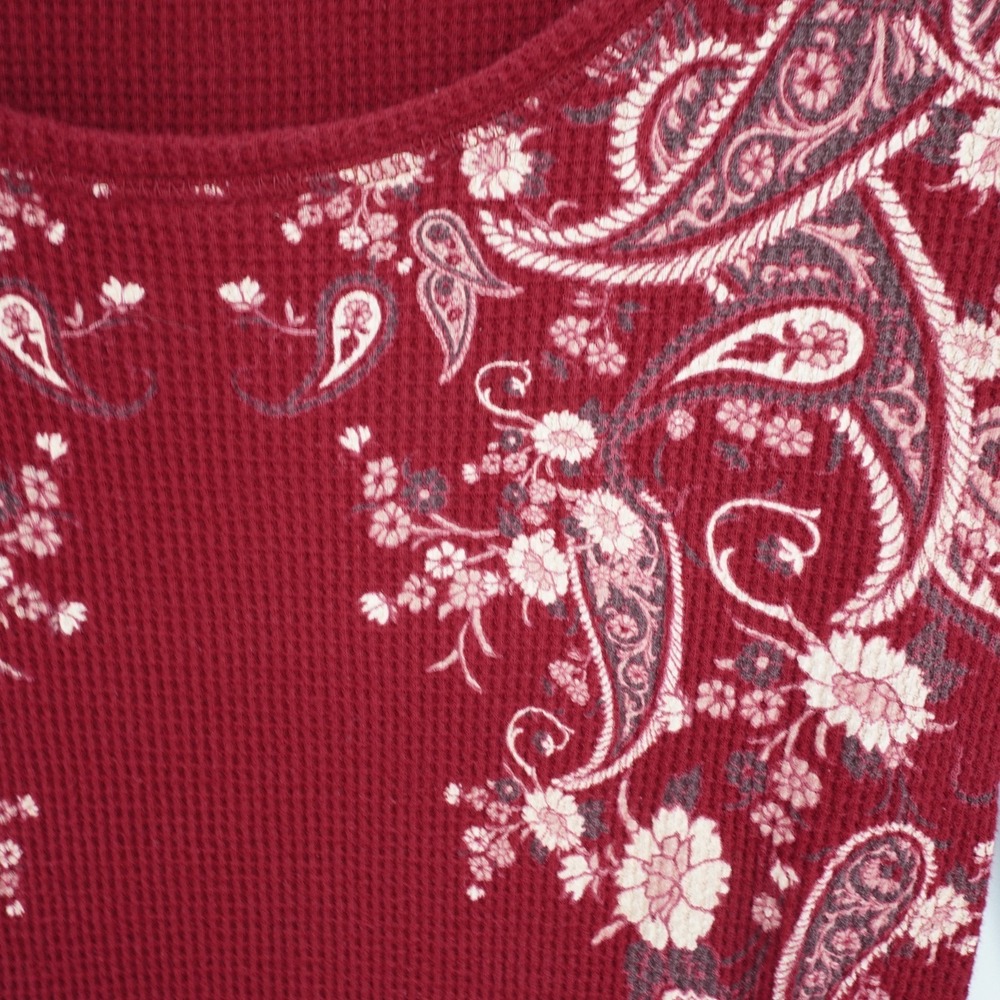 Vtg Y2K Lucky Brand Waffle Knit Thermal Top M Burgundy Long Sleeve Floral Grunge - Picture 3 of 12